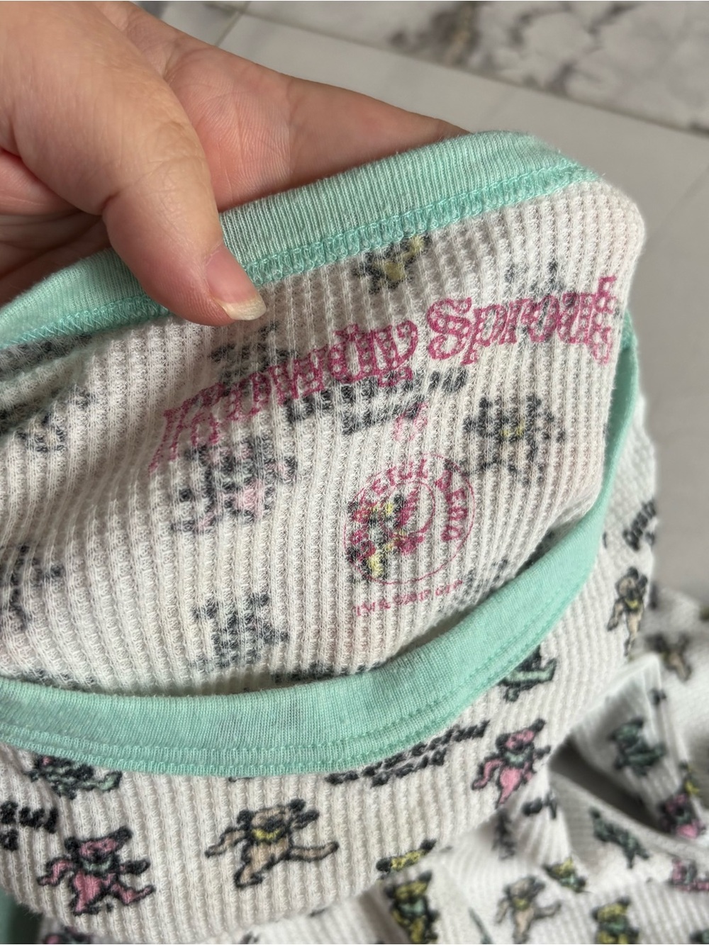 Girls' White Floral Thermal Top with Mint Trim - Picture 2 of 5